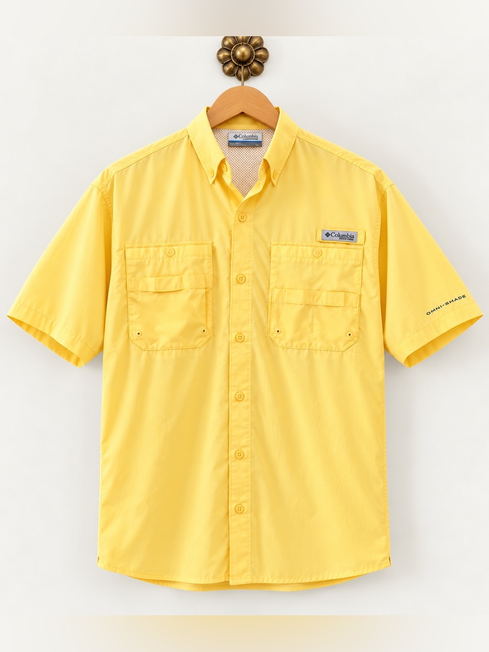 Columbia PFG Men’s Large Yellow Omni-Shade Short Sleeve Fishing Shirt